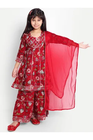 Ka-mee Girls Floral Printed Gotta Patti Pure Cotton Kurta & Sharara With Dupatta