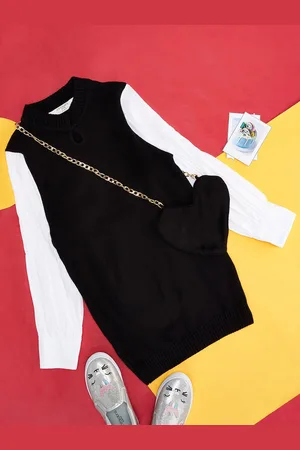 Pantaloons Girls Mock Collar Puff Sleeve Acrylic Pullover Sweater