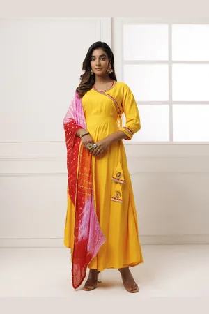 Jaipur Hand Crafted Yellow Rayon Sustainable Kurta with Palazzo & Bandhani Dupatta