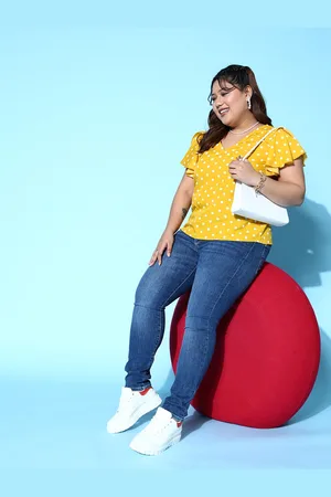Berrylush Yellow Plus Size Polka Dots Printed Crepe Top