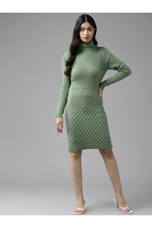 Cayman Striped Cable Knit High Neck Acrylic Bodycon Dress