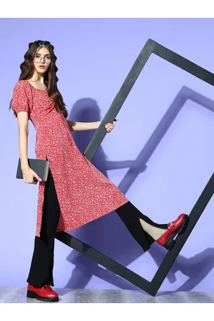Berrylush Women Red Polyester Fluid Tie-Up Kurta