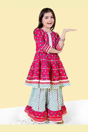 naughty ninos Girls Ethnic Motifs Printed A-Line Gotta Patti Kurta With Sharara