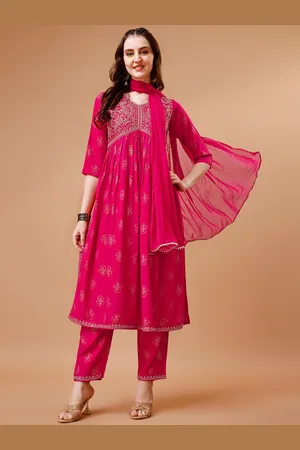 Berrylicious Floral Printed Thread Work Empire Kurta With Trouser & Dupatta