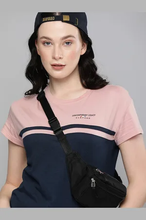 HARVARD Women Pink & Navy Blue Colourblocked T-shirt