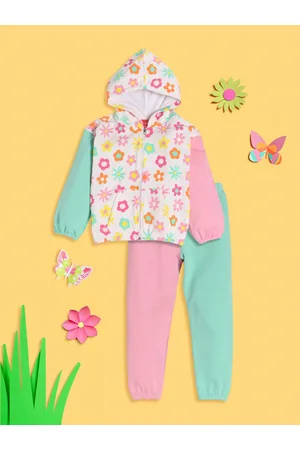 Nauti Nati Girls Floral Zipper Hoodie with Colourful Joggers Set