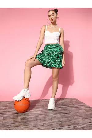 Berrylush Green Floral Print Ruffled Flared Wrap Mini Skirt