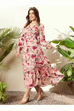 Berrylush Floral Printed Satin Puff Sleeves Wrap Dress