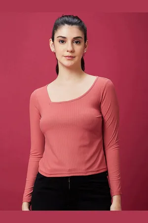 Globus Peach-Coloured Ribbed A-Symmetric Neck Long Sleeve Top
