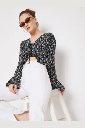 Berrylush Black & White Floral Printed Ruffles Crepe High-Low Crop Top