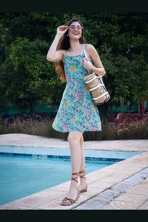 Berrylush Blue & Pink Floral Printed Shoulder Straps A-Line Dress