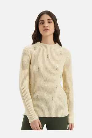 Kazo Open Knit Mock Collar Long Sleeves Embellished Pullover Sweater