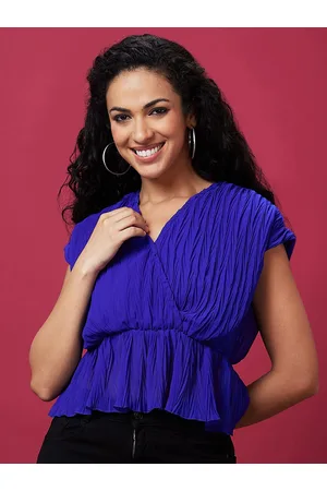 Globus Blue Kimono Sleeves Gathered Regular Top