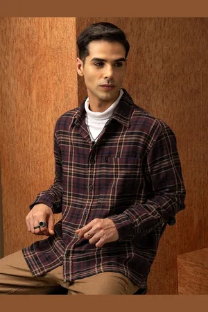 LocoMotive Premium Men Burgandy Oversized Dobby Textured Checked Overshirt