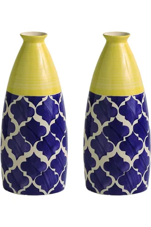 ExclusiveLane Blue & Yellow Set Of 2 Geometric Patterned Big Neck Ceramic Vases