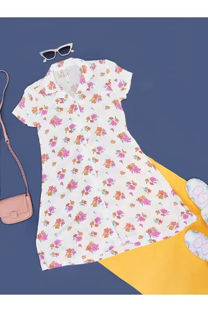 Pantaloons Girls Floral Printed Shirt Collar A-Line Dress