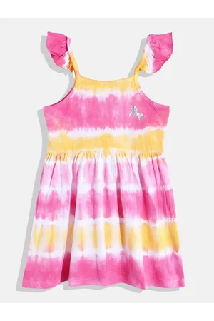 HERE&NOW Girls Tie & Dye Pure Cotton Gathered Detail Empire Dress