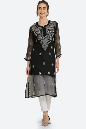 FAWOMENT Women Black Paisley Yoke Design Georgette Handloom Georgette Anarkali Kurta