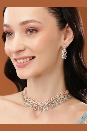 ESTELE Rose Gold Plated CZ Sparkling Necklace Set with Mint Green Crystals for Women
