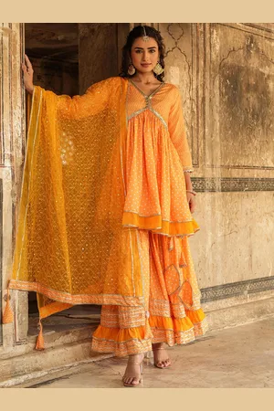 SCAKHI Bandhani Printed Empire Gotta Patti Chanderi Silk Kurti With Sharara & Dupatta