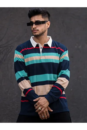 Maniac Men Blue Striped Polo Collar Pockets T-shirt