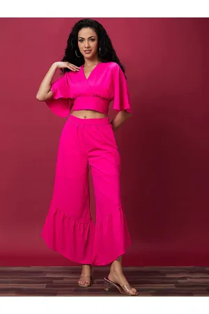 Globus Solid Wrap V-Neck Waist Tie Up Top & Flared Palazzo Co-Ord Set