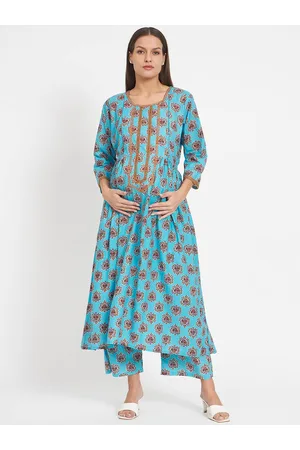 Aujjessa Ethnic Motifs Printed Pure Cotton Maternity And Feeding Kurta with Trousers