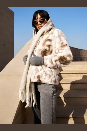 Crimsoune Club Abstract Printed Faux Fur Trim Lightweight Tailored Jacket
