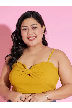 Berrylush Plus Size Yellow Shoulder Straps Fitted Crop Top