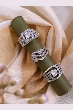 ATIBELLE Set of 3 Cubic Zirconia Stone Studded Adjustable Finger Rings
