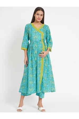 Aujjessa Ethnic Motifs Printed Angrakha Pure Cotton Maternity Kurta with Trousers