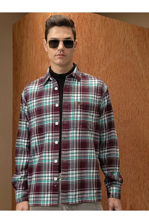 LocoMotive Premium Men Burgandy Flannel Checked Utility Pocket Overshirt