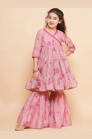 Bhama Girls Pink Floral Print Sequinned Cotton Angrakha Kurta with Sharara