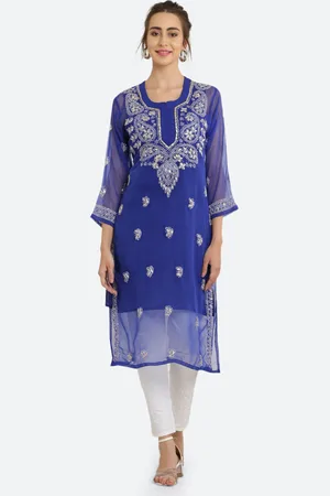 FAWOMENT Women Paisley Embroidered Chikankari Georgette Handloom Georgette Kurta