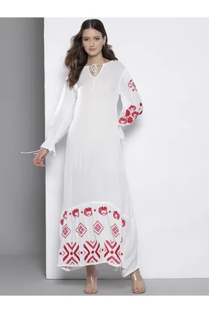Boohoo Geometric Embroidered Tie-Up Neck Bell Sleeves A-Line Maxi Dress