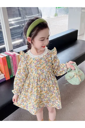 Stylecast Girls Yellow Floral Printed Gathered Cotton Fit & Flare Mini Dress
