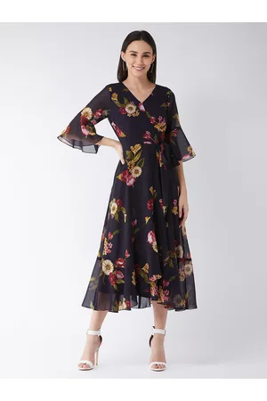DressBerry Black Floral Print V-Neck Bell Sleeve Georgette Fit & Flare Midi Dress