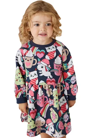 Stylecast Girls Navy Blue & White Unicorn Printed A-Line Mini Cotton Dress