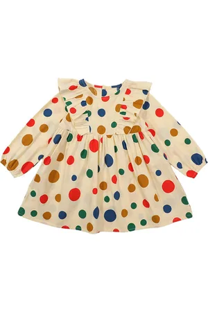 Stylecast Girls Beige & Green Polka Dot Print Cotton Fit & Flare Mini Cotton Dress