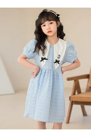 Stylecast Girls Blue Puff Sleeve Bow Detailed Cotton Fit & Flare Midi Dress