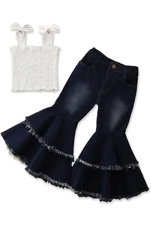 Stylecast Girls White & Navy Blue Self Design Top With Flared Jeans