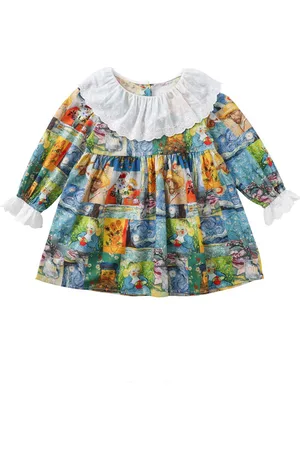 Stylecast Girls Blue & Orange Graphic Printed Ruffled Cotton A-Line Mini Dress