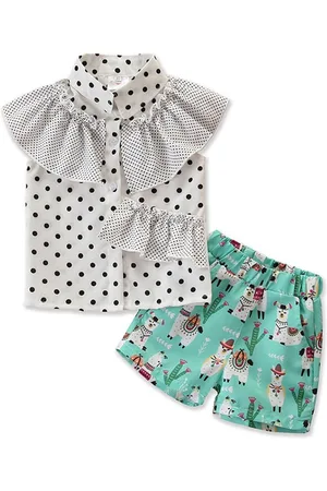 Stylecast Girls Green Polka Dots Printed Shirt Collar Ruffled Top with Shorts