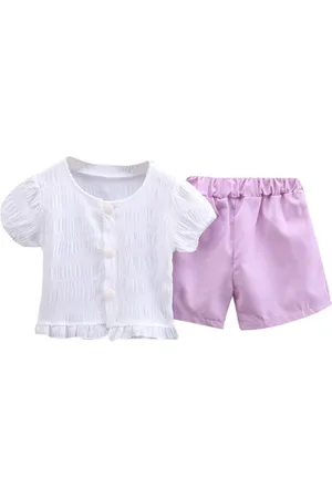 Stylecast Girls Purple & White Self Design Top With Shorts