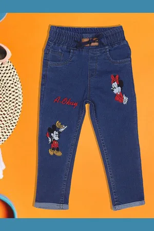 A-Okay Boys Mickey & Minnie Embroidered Slim Fit High-Rise Cotton Denim Jogger Jeans