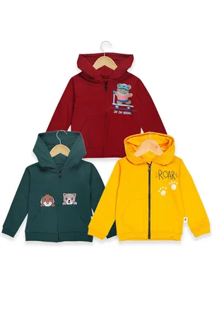 The Mom Store Kids Pack Of 3 Graphic Printed Hooded Pure Cotton Front-Open Sweatshirts