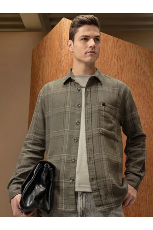LocoMotive Premium Men Olive Dobby Textured Checked Overshirt