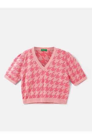 Benetton Girls Cropped Fit V-Neck Printed Pullover Sweater
