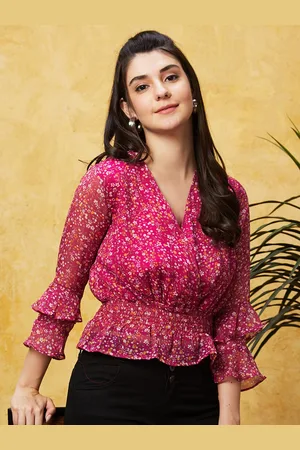 Globus Pink & White Floral Print V-Neck Smocked Wrap Top