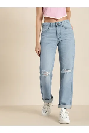 HERE&NOW Women Straight Fit Slash Knee Light Fade Stretchable Jeans